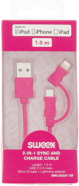 Sweex 2-in-1 Data en Oplaadkabel - USB 2.0 / Micro-USB + Lightning - 100cm - Roze