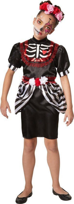 Dressforfun Skeletdame 104 - Verkleedkostuum Halloween - Korte jurk met skeletprint en bloemenriem (3-4j)