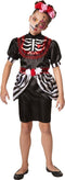 Dressforfun Skeletdame 104 - Verkleedkostuum Halloween - Korte jurk met skeletprint en bloemenriem (3-4j)