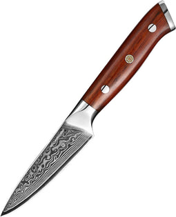 KitchenMonster® Schilmesje Damascus 20 cm - 67 lagen Damascus Staal Schilmes voor Groenten en Fruit - Aardappelmesje met Rozenhout handvat