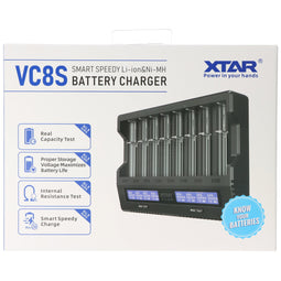 XTAR VC8S 8-way quick charger for 1-8 Li-Ion 3.6V and 3.7V batteries and NiMH 1.2V batteries, USB-C