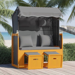 vidaXL - Strandstoel - met - kussens - poly - rattan - en - hout - wit - en - grijs