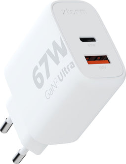 Xtorm 67W GAN2 Ultra Oplader - Geschikt voor Iphone Samsung en meer, Snelladen met USB-C & USB-A - Power Delivery, GAN Technologie & GRS Gerecycled Plastic - Wit