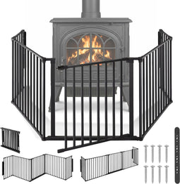 tectake® Haardhek - Veiligheidshek - 5 Elementen - Deur met Veiligheidsslot - Zwart