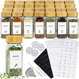 Budu Kruidenpotjes Set - 28 stuks - Glazen potjes met bamboe deksel - Inclusief 160 stickers en accessoires (28 stuks)