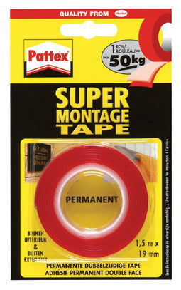 Pattex - Plakband pattex 19mmx1.5m supermontage 50kg 2z | 12 stuks