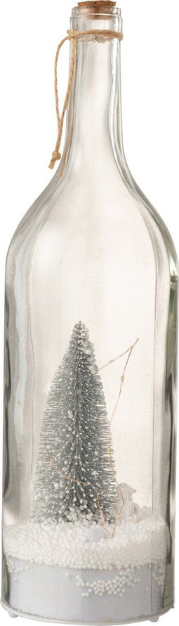 J-Line decoratie Fles Kerst Sneeuw - glitter - zilver - LED lichtjes