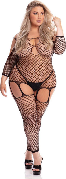 Visnet bodystocking met jarreteloptiek plus size Pink Lipstick - - XL/3XL