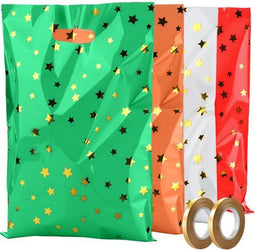 Feestio Uitdeelzakjes 100 Stuks - 17 x 25 cm - Sterrenontwerp - Groen Oranje Wit Rood (100 stuks)
