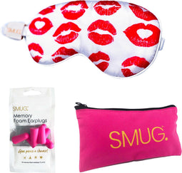 SMUG Slaapmasker met Roze Oordopjes en Opbergzakje - 100% Verduisterend - Verstelbaar Oogmasker in Satijn - Kiss Print