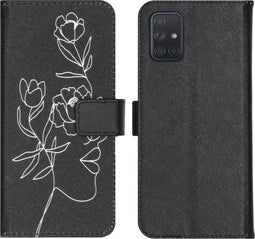 iMoshion Hoesje Geschikt voor Samsung Galaxy A71 Hoesje Met Pasjeshouder - iMoshion Design Softcase Bookcase - Wit / Zwart / Woman Flower Black