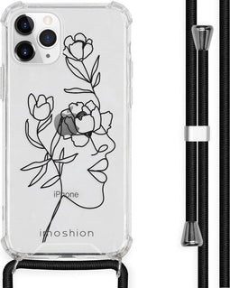 iMoshion iPhone 11 Pro - Hoesje met Koord - Verstelbaar Koord - Zwart / Woman Flower
