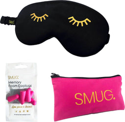 SMUG Slaapmasker met Roze Oordopjes en Opbergzakje - 100% Verduisterend - Verstelbaar Oogmasker in Satijn - Wink Print, Zwart