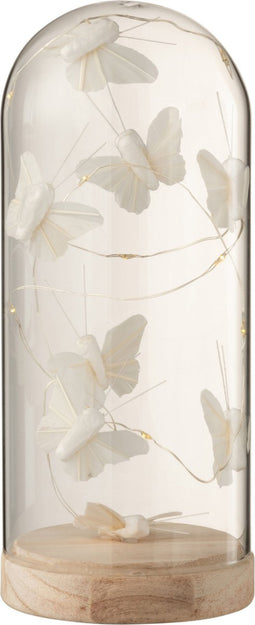 J-Line decoratie Stolp Hoog Vlinders - glas/hout - wit/naturel - LED lichtjes - medium