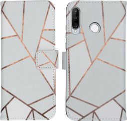 iMoshion Hoesje Geschikt voor Huawei P30 Lite Hoesje Met Pasjeshouder - iMoshion Design Softcase Bookcase - Wit / Meerkleurig / Goud / White Graphic