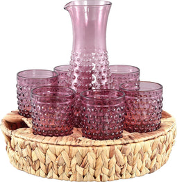PTMD Hadley Glazen Pitcher - H9 x Ø35,5 cm - 6 stuks - Rieten plateau - Roze