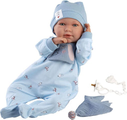 Llorens Huilende Babypop Mimo Blauw met Slabbetje, Knuffeldoek en geluid 42cm