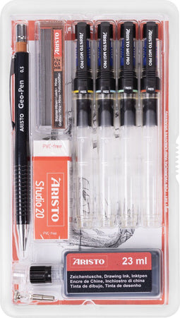 Aristo tekenpen - PRO Studio - set 9-delig - lijnbreedte 0.10/0.20/0.30/0.50mm - fles 23ml inkt - tekenpotlood - potloodstiftjes - gum - penadapter - AR-64160