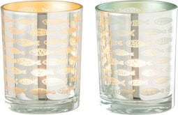 J-Line windlicht Vissen - glas - beige/blauw - small - 2 stuks