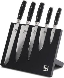 Yaxell Ran Messenset - 6-delig - Beukenhouten Magnetische Messenhouder met 5 Messen - 69 Lagen Damaststaal - VG10 Staal - 61 HRC - Canvas-Micarta Heft