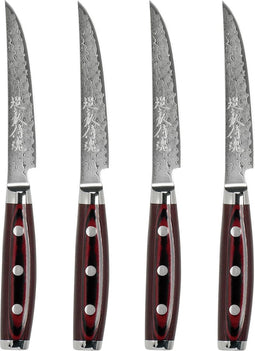 Yaxell Super Gou Steakmessenset 12 cm - 4-delig - 161 Lagen Damaststaal - SG2 Staal - 63 HRC - Canvas-Micarta Heft
