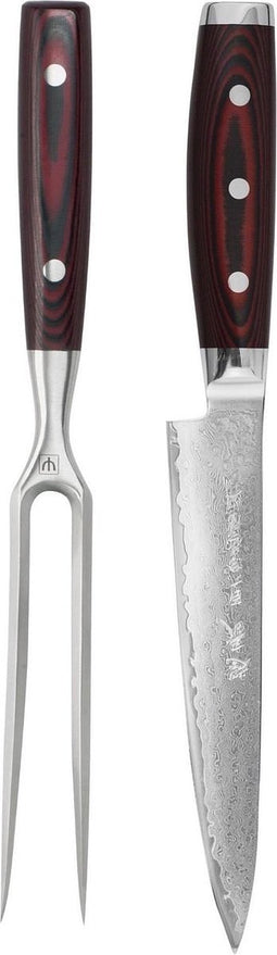 Yaxell Super Gou Trancheerset - Giftset - 2-delig - Vleesvork 13,5 cm & Vleesmes 18 cm - 161 Lagen Damaststaal - SG2 Staal - 63 HRC - Canvas-Micarta Heft