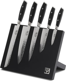 Yaxell Tsuchimon Messenset - 6-delig - Beukenhouten Magnetische Messenhouder met 5 Messen - 3 Lagen Damaststaal - VG10 Staal - Canvas-Micarta Heft