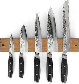 Yaxell Tsuchimon Messenset - 6-delig - Magnetische Messenstrip Bamboe met 5 Messen - 3 Lagen Damaststaal - VG-10 Staal - Canvas-Micarta Heft