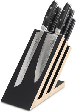 Yaxell Tsuchimon Messenset - 7-delig - Beukenhouten Magnetische Messenhouder met 6 Messen - 3 Lagen Damaststaal - VG10 Staal - Canvas-Micarta Heft