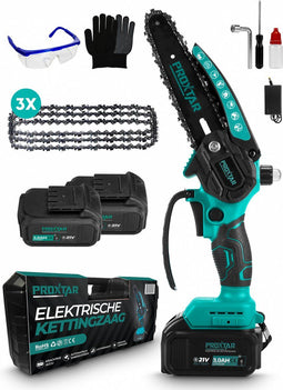 ProXtar Mini Kettingzaag - Kettingzaag - Snoeizaag - Takkenzaag - Handzaag - Inclusief Opbergkoffer, 2 Accu's & 3 Kettingen - Automatische Kettingsmering - Brushless