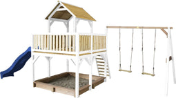 AXI Atka Speeltoestel in Bruin/wit - Speeltoren met Dubbele Schommel, Blauwe Glijbaan en Zandbak - FSC hout - Speelhuis op palen voor de tuin