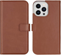 Selencia iPhone 14 Pro Max - Echt Lederen Bookcase - Ruimte voor 3 pasjes - Lichtbruin
