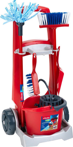 Klein Toys Vileda - schoonmaaktrolley - incl. vloerwisser emmer bezem stoffer en blik - rood blauw