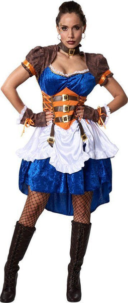 Dressforfun Steampunk Avonturierster M - Verkleedkostuum - Corsage met vetersluiting - Kleurige jurk