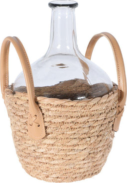 Flesvaas glas transparant met gevlochten rieten mand 18 x 27 cm - Decoratie vaas