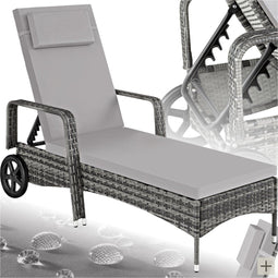tectake® - Wicker ligbed - Verstelbare rugleuning in 6 standen - Incl. lig- en hoofdkussen - grijs