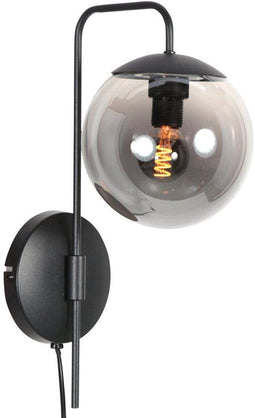 Wandlamp Bollique 4609ZW zwarte metalen wandlamp met smoke glas, E14 fitting, trendy stijl -