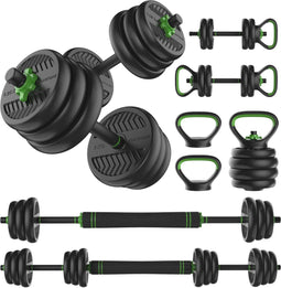 Tunturi Vinyl Halterset 20 kg - Halterstang met Gewichten - Verstelbare Dumbbells Kettlebell Push-up Steunen - Zwart Groen