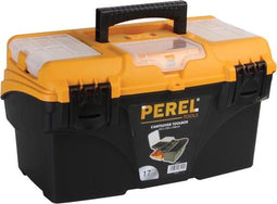 Perel Gereedschapskoffer, polypropyleen, met uitschuifsysteem, 1 vaste en 2 uitneembare organizers in het deksel, inklapbaar handvat, kunststof sluitingen, zwart/geel, 434 x 250 x 238 mm