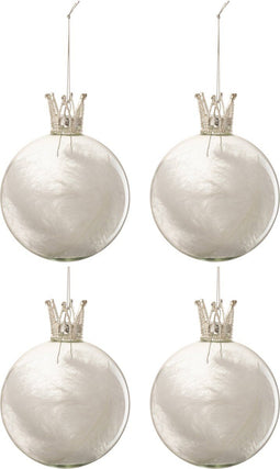 J-Line kerstbal Kroon Pluim - glas - tansparant/wit - medium - doos van 4