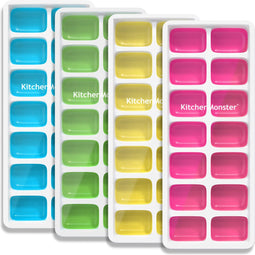 KitchenMonster® IJsblokjesvorm voor IJsblokjes - Set van 4 IJsvormpjes - IJsblokjesvorm met deksel - IJsblokjesvorm silicone Blauw, Groen, Geel, Roze