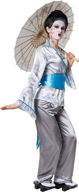 dressforfun Geisha Aiko XXL - verkleedkostuum - satijnen blouse broek buikriem - grijs/blauw