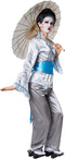 dressforfun Geisha Aiko XXL - verkleedkostuum - satijnen blouse broek buikriem - grijs/blauw