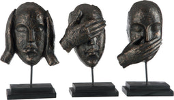 J-Line decoratie Horen/Zien/Zwijgen Op Voet - polyresin - donkerbruin - 3 stuks
