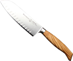 Messermeister Oliva Elite - Santokumes 16,5 cm - Kuiltjes voor Efficiënt Snijden - Olijfhouten Handvat