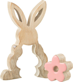 J-Line decoratie Konijn Bloem - hout - naturel/roze - small - paasdecoratie