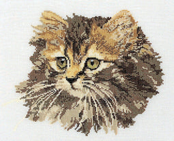Thea Gouverneur - Borduurpakket met telpatroon - 930 - Voorgesorteerde DMC Garens - Langharige Bruine Kat - Linnen - 30 cm x 40 cm - DIY Kit