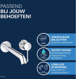 GROHE Essence New - Wandgemonteerde Inbouw Wastafelkraan - 230 mm lange uitloop - Chroom