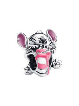 Stitch - Verjaardagstaart bedel - Zilver met roze emaille