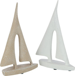 J-Line decoratie Zeilboot - cement - wit/beige - small - 2 stuks